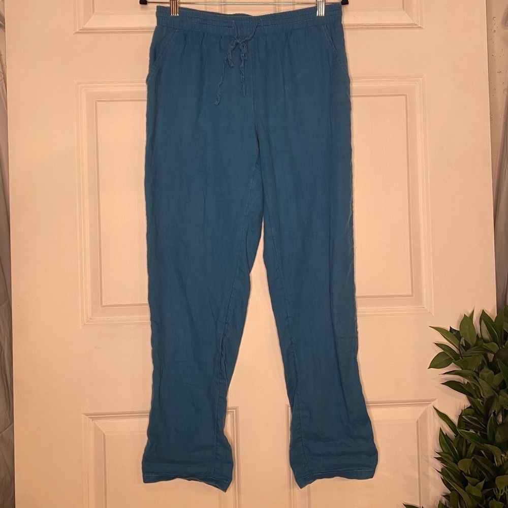 Monoprix Femme Linen Casual Pull On Pants Blue French Size 38 US Medium 6-8